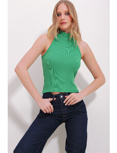 Trend Alaçatı Stili Women's Green High Neck Halter Sleeve Camisole Blouse