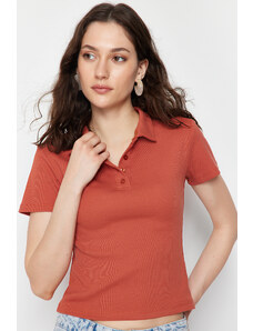 Trendyol Cinnamon Polo Collar Buttoned Short Sleeve Flexible Ribbed Knitted Blouse