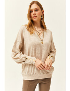 Olalook Women's Stone V-Neck Button Detailed Knitwear Sweater