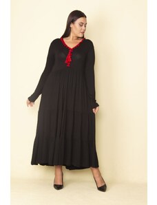 Şans Women's Plus Size Red Collar Detailed Waist Pleated Layered Long Dress