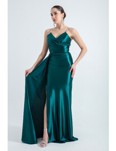 Lafaba Women's Emerald Green Long Evening Dress with Stone Straps and Tail.