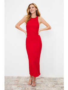 Trendyol Red Back Detail Fitted Ribbed Cotton Stretch Knitted Maxi Dress