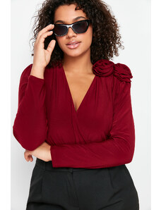 Trendyol Curve Burgundy Double Breasted Collar Accessory Bodysuit