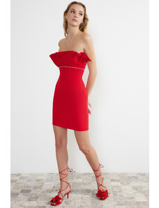 Trendyol Red Collar Detailed Stone Accessory Woven Dress