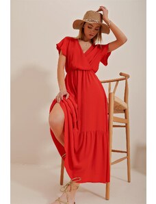 Trend Alaçatı Stili Women's Pomegranate Flower Double Breasted Collar Maxi Length Crinkle Dress
