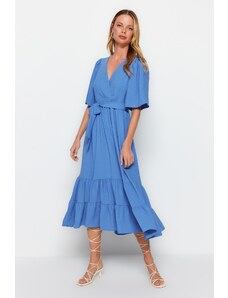 Trendyol Indigo Belted Woven Double Breasted Collar Back Detailed Midi Woven Dress