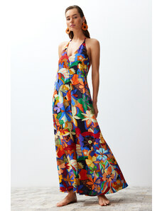 Trendyol Floral Pattern Maxi Woven Decollete Backless Beach Dress