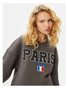 Koton Shirt Collar Sweatshirt Paris Printed Embroidered Long Sleeve Cotton