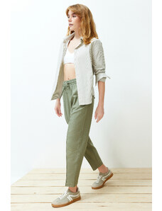 Trendyol Khaki Elastic Waist Linen Blended Woven Trousers