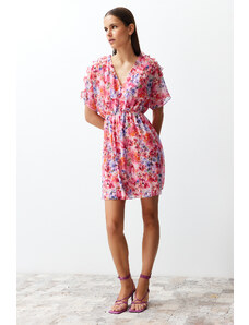 Trendyol Pink Floral Patterned Ruffle Detailed Lined Chiffon Mini Woven Dress