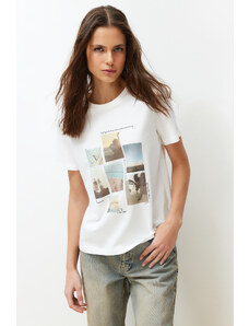 Trendyol Ecru 100% Cotton Landscape Printed Regular/Regular Fit Short Sleeve Knitted T-Shirt