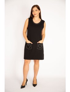 Şans Women's Plus Size Black Dress with Pockets and Stone Detailed with Contrast Stitching