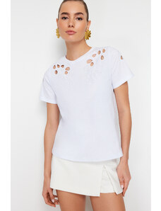 Trendyol White Brode Embroidered Basic/Regular Fit Knitted T-Shirt