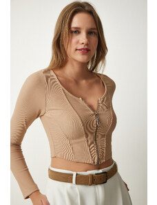 Happiness İstanbul Women's Beige Zipper Ribbed Crop Blouse