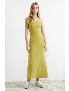 Trendyol Green Carmen Collar Fitted/Sleeping Elastic Knitted Maxi Dress