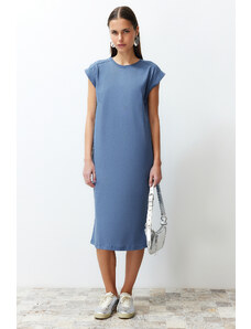 Trendyol Indigo Plain T-shirt Dress 100% Cotton Moon Sleeve Shift/Casual Fit Midi Midi Dress