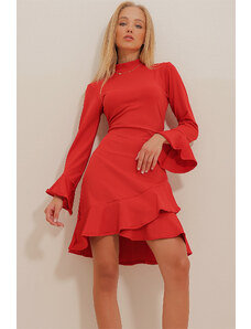Trend Alaçatı Stili Women's Red High Collar Skirt and Flounced Sleeves Scuba Dress
