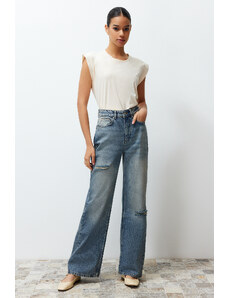 Trendyol Blue More Sustainable Ripped High Waist Wide Leg Jeans