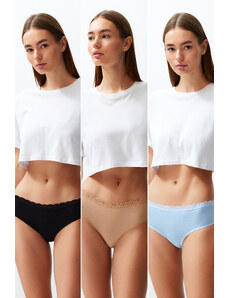 Trendyol Black-Skin-Blue 3-Pack Cotton Lace Detailed Comfortable Fit Hipster Knitted Panties