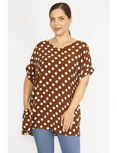 Şans Women's Brown Plus Size Woven Viscose Fabric Point Patterned Double Sleeve Side Pocket Blouse