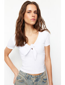 Trendyol White Short Sleeve Tie Detailed Sweetheart Neckline Ribbed Stretchy Knitted Blouse