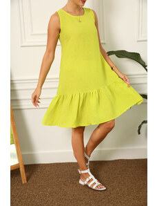 armonika Women's Neon Green Linen Look Textured Sleeveless Frilly Skirt Dress