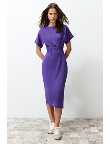Trendyol Purple 100% Cotton Waist Slit and Tie Detailed Midi Knitted Dress