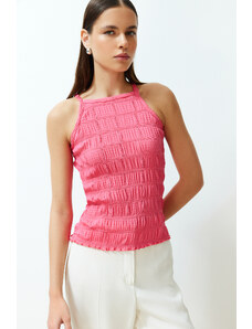 Trendyol Fuchsia Textured Plain Slim Halter Neck Strap Knitted Blouse