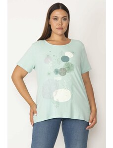 Şans Women's Plus Size Green Cotton Fabric Front Printed Short Sleeve Blouse