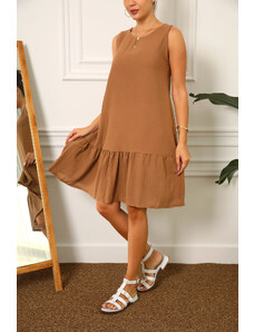 armonika Women's Brown Linen Look Textured Sleeveless Frilly Skirt Dress