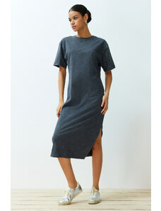 Trendyol Anthracite 100% Cotton Distressed Effect Slit Shift/Comfortable Fit Knitted Midi Dress