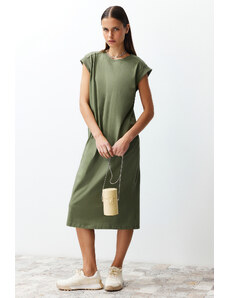 Trendyol Khaki 100% Cotton Moon Sleeve Shift/Comfortable Cut Midi Knitted Midi Dress