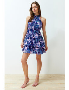 Trendyol Blue Floral Print Layer A-line/bell Form Mini Lined Woven Dress