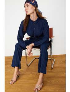 Trendyol Navy Blue Crinkle Shirt Trousers Woven Bottom Top Set