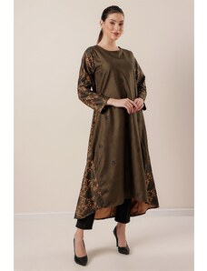 By Saygı Short Front Long Back Patterned Oversize Sanded Suede Dress Khaki