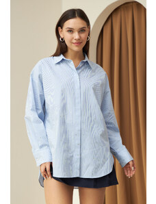 Laluvia Blue Stone Detailed Striped Shirt