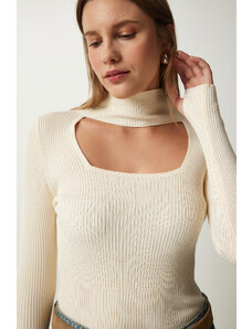 Happiness İstanbul Women's Cream Cut Out Detailed High Neck Ribbed Knitwear Sweater