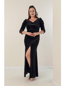 By Saygı Plus Size Corduroy Long Dress with Double Breasted Collar and Draping in the Front