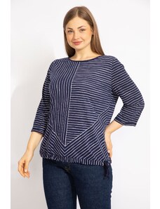 Şans Women's Navy Blue Plus Size Cotton Fabric Striped Combine Blouse