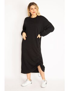 Şans Women's Plus Size Black Shirring Detail Sweatshirt Dress