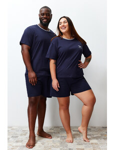 Trendyol Navy Blue Regular Fit Embroidered Couple Knitted Plus Size Pajamas Set