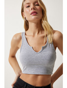 Happiness İstanbul Women's Gray Strappy Crop Knitted Blouse