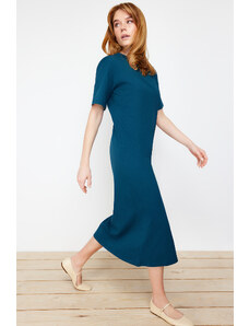 Trendyol Petrol 100% Cotton Slit Detailed Shift/Comfortable Cut Mid Knitted Midi Dress