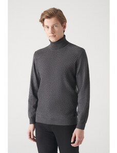 Avva Men's Anthracite Full Turtleneck Front Textured Cotton Standard Fit Regular Cut Knitwear Sweater