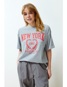 Trendyol Gray Melange City Printed Oversize/Wide-Fit Knitted T-Shirt