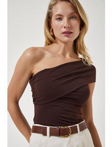 Happiness İstanbul Women's Brown One-Shoulder Gathered Knitted Blouse