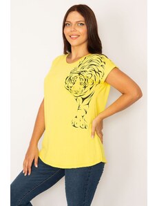 Şans Women's Plus Size Yellow Print Detailed Viscose Blouse