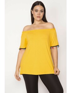 Şans Women's Plus Size Mustard Collar Blouse with Elasticated Sleeves with Pompom Detail