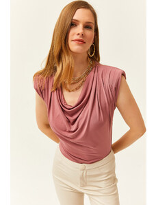 Olalook Women's Pale Pink Waistband Detail Collar Flowy Blouse