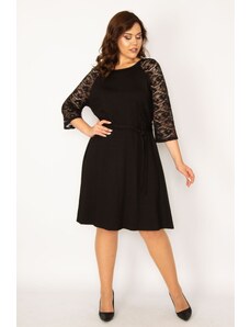 Şans Women's Plus Size Black Dress With Lace Belted Sleeves